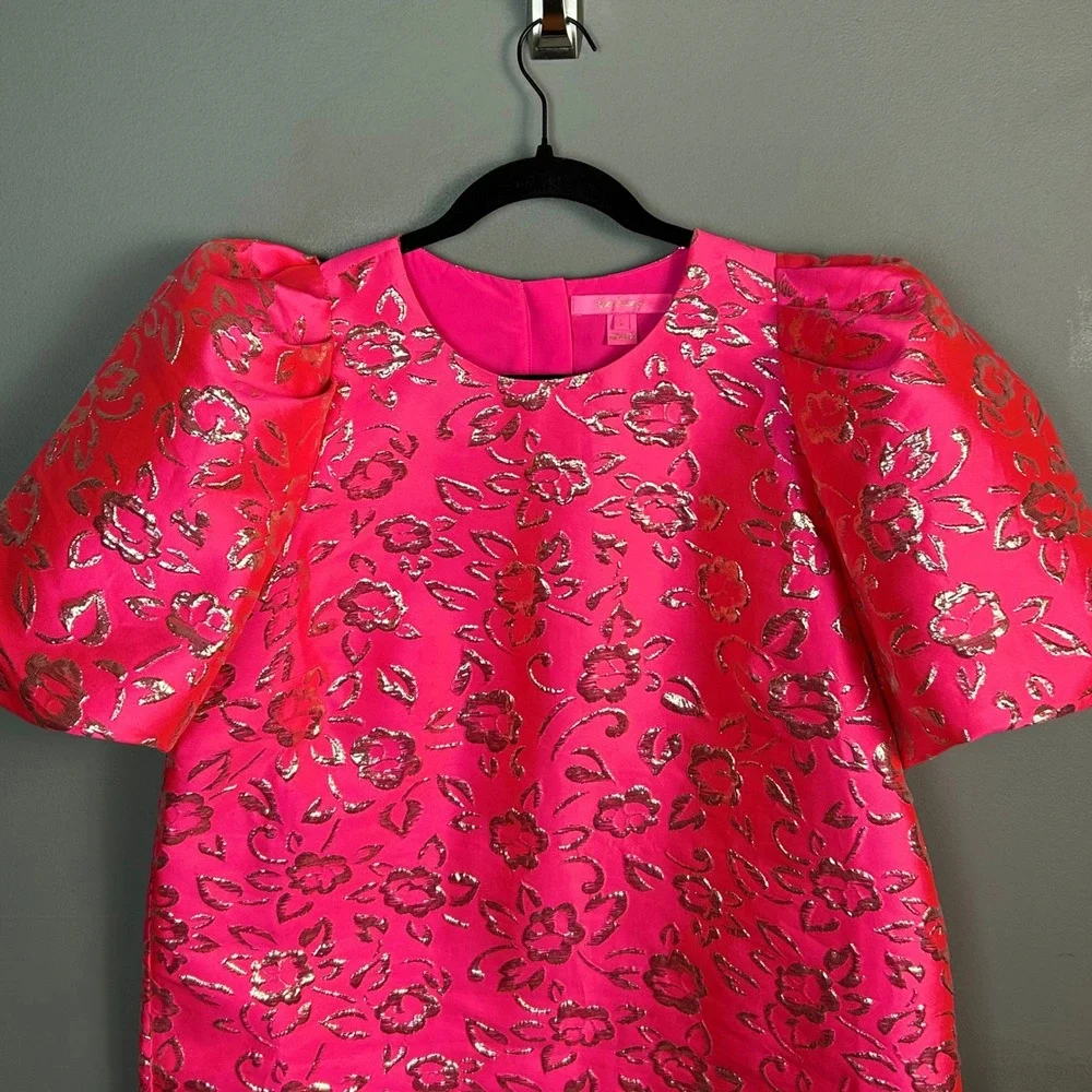 Lilly Pulitzer‎ top Large Pratt Hot Pink Gold Brocade Puff Sleeve Colorful Glam